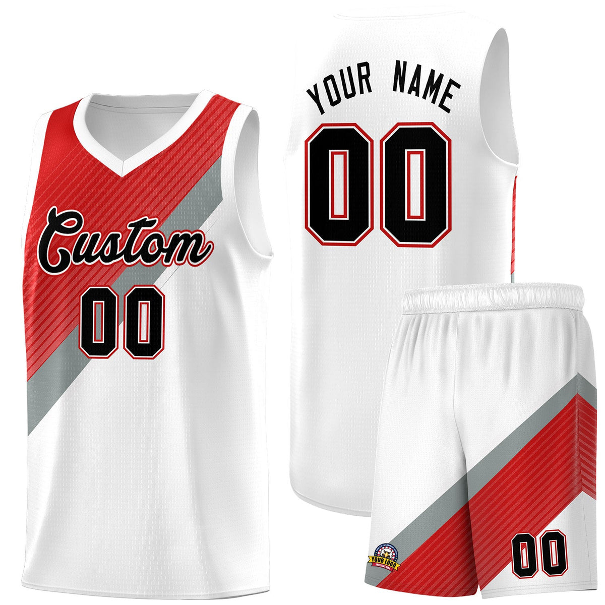 Custom Red Silver Gray White Diagonal Stripes Color Block Sets Basketball Jersey | For Men,Perfect for Teams,Perfect for Coaches,Sublimation Printed,For Kid,For Youth | KXKSHOP