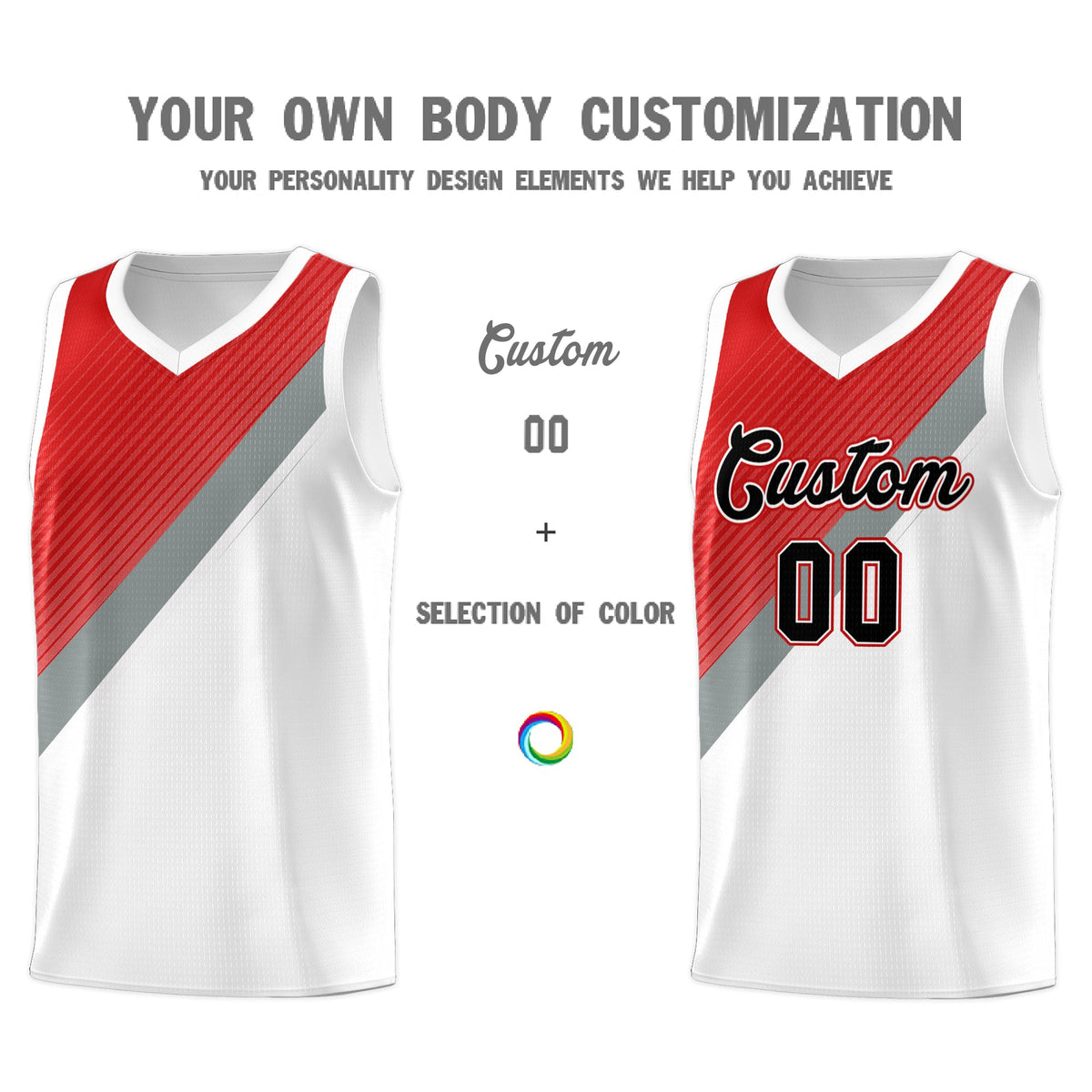 Custom Red Silver Gray White Diagonal Stripes Color Block Sets Basketball Jersey | For Men,Perfect for Teams,Perfect for Coaches,Sublimation Printed,For Kid,For Youth | KXKSHOP