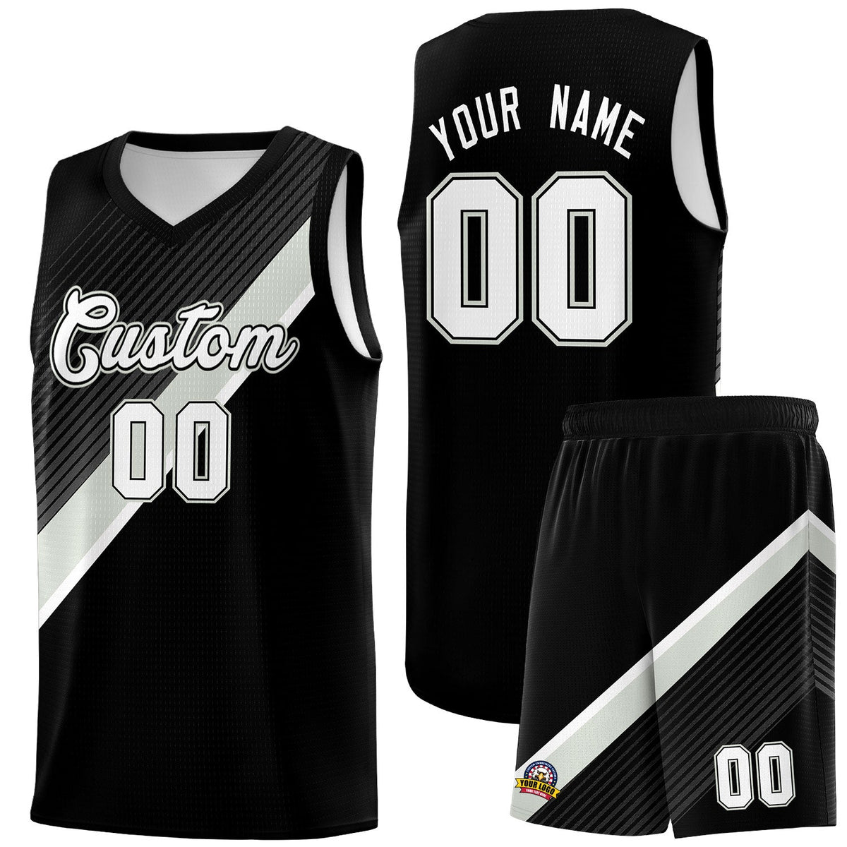 Custom Black Gray White Diagonal Stripes Color Block Sets Basketball Jersey | For Men,Perfect for Teams,Perfect for Coaches,Sublimation Printed,For Kid,For Youth | KXKSHOP