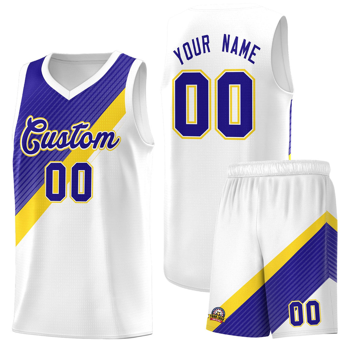 Custom White Royal Gold Diagonal Stripes Color Block Sets Basketball Jersey | For Men,Perfect for Teams,Perfect for Coaches,Sublimation Printed,For Kid,For Youth | KXKSHOP