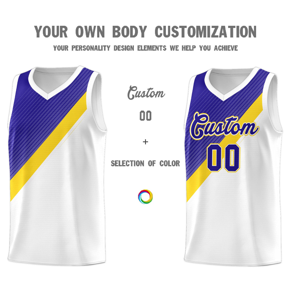 Custom White Royal Gold Diagonal Stripes Color Block Sets Basketball Jersey | For Men,Perfect for Teams,Perfect for Coaches,Sublimation Printed,For Kid,For Youth | KXKSHOP