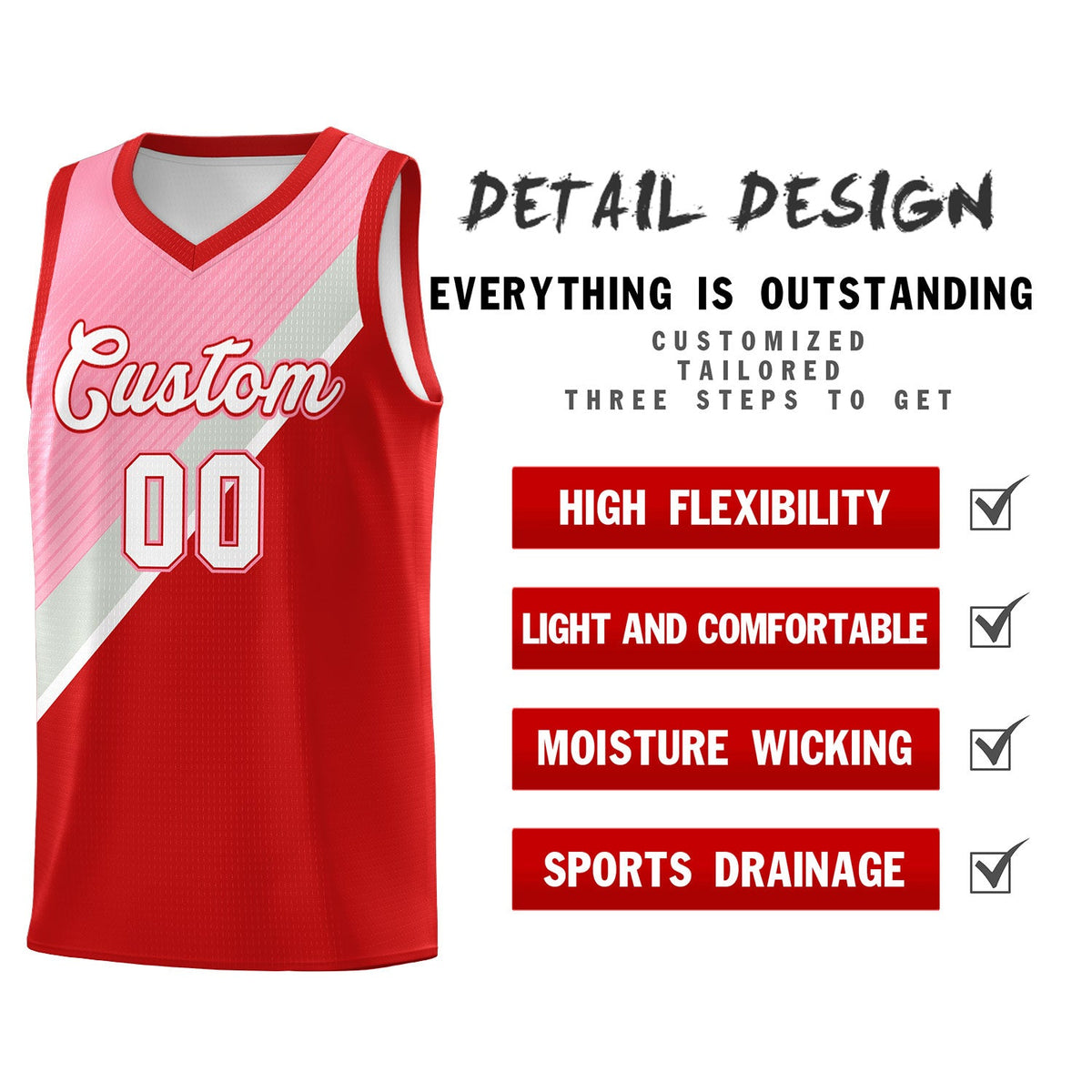 Custom Red Light Pink Gray Diagonal Stripes Color Block Sets Basketball Jersey | For Men,Perfect for Teams,Perfect for Coaches,Sublimation Printed,For Kid,For Youth | KXKSHOP
