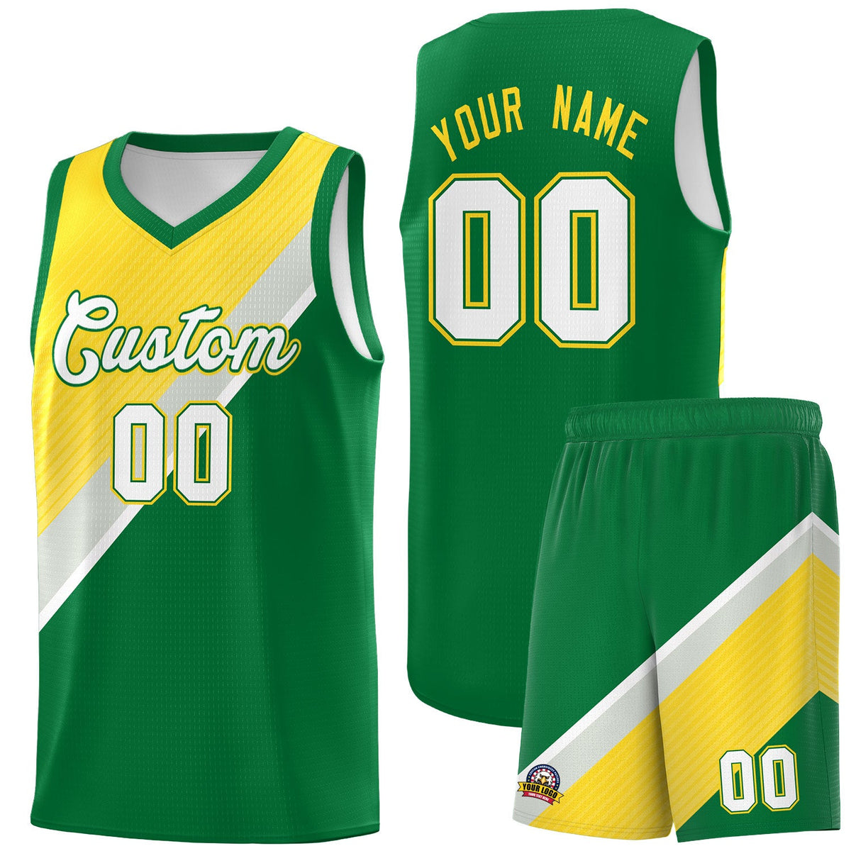 Custom Kelly Green Gold Gray Diagonal Stripes Color Block Sets Basketball Jersey | For Men,Perfect for Teams,Perfect for Coaches,Sublimation Printed,For Kid,For Youth | KXKSHOP