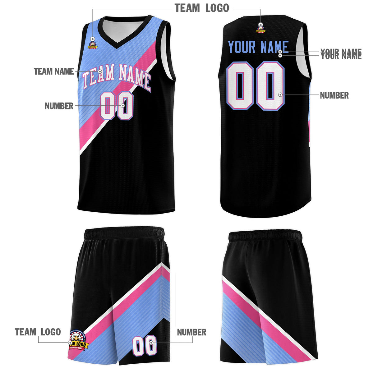 Custom Light Blue Pink Black Diagonal Stripes Color Block Sets Basketball Jersey | For Men,Perfect for Teams,Perfect for Coaches,Sublimation Printed,For Kid,For Youth | KXKSHOP