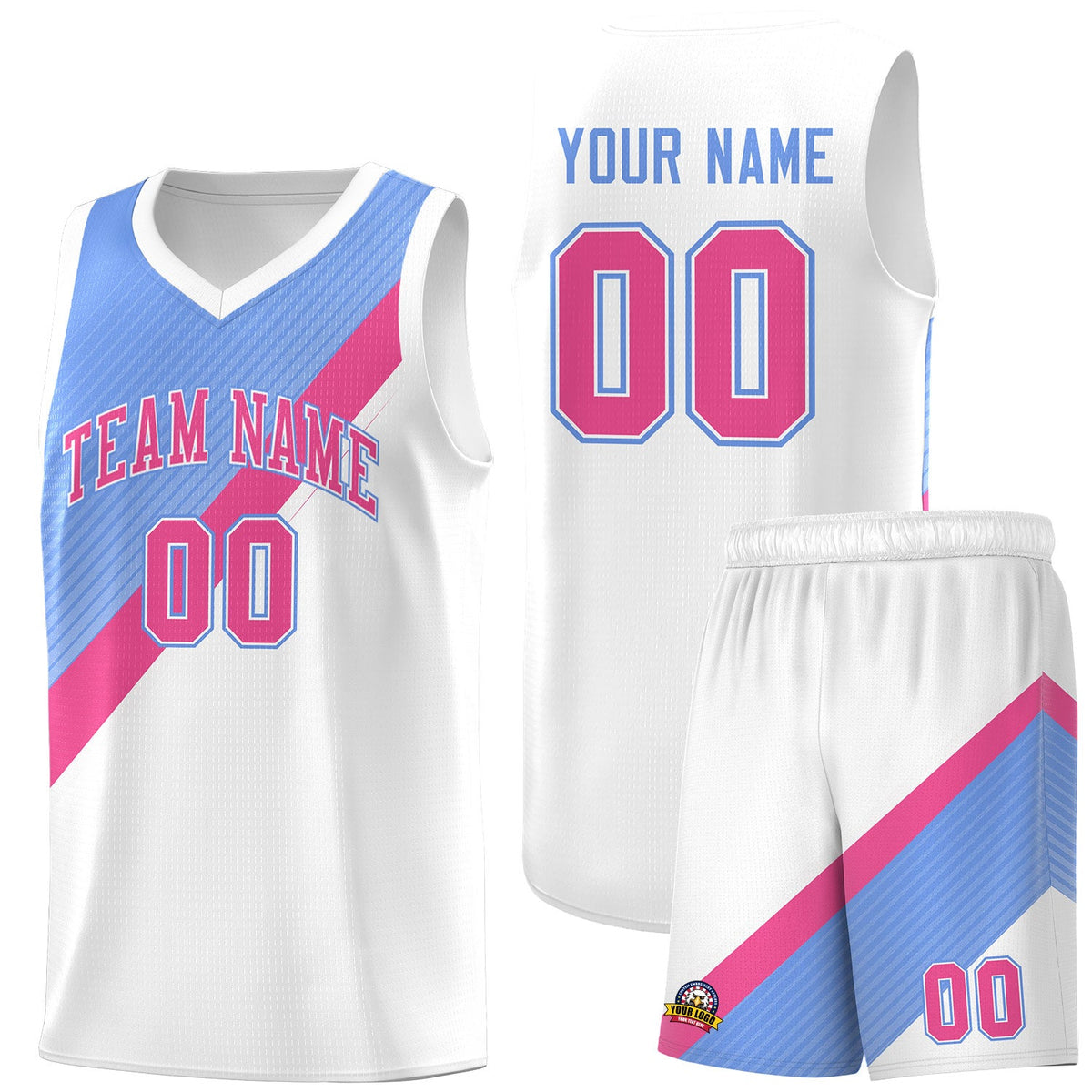 Custom Light Blue Pink White Diagonal Stripes Color Block Sets Basketball Jersey | For Men,Perfect for Teams,Perfect for Coaches,Sublimation Printed,For Kid,For Youth | KXKSHOP