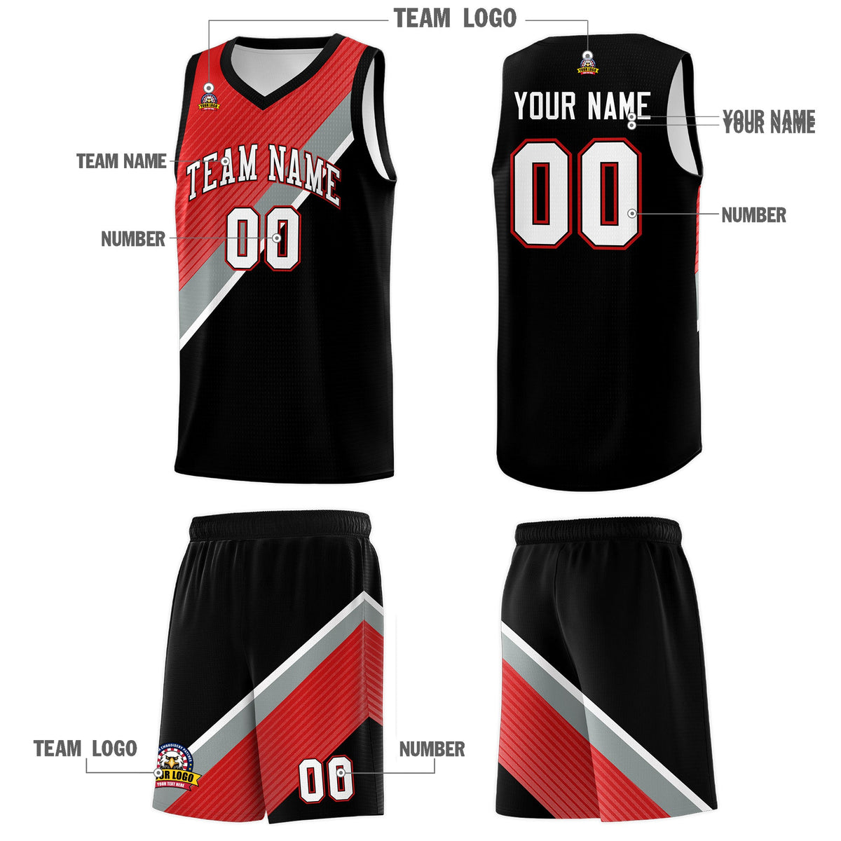 Custom Black Red Silver Gray Diagonal Stripes Color Block Sets Basketball Jersey | For Men,Perfect for Teams,Perfect for Coaches,Sublimation Printed,For Kid,For Youth | KXKSHOP