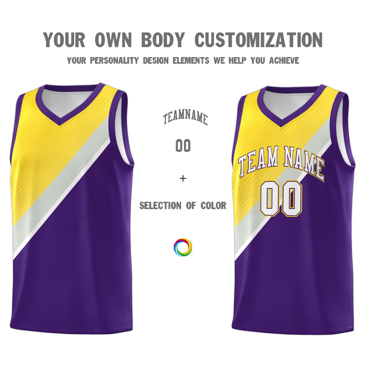 Custom Purple Gold Gray Diagonal Stripes Color Block Sets Basketball Jersey | For Men,Perfect for Teams,Perfect for Coaches,Sublimation Printed,For Kid,For Youth | KXKSHOP