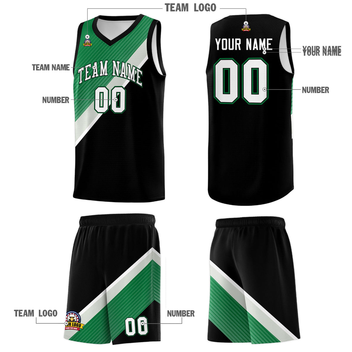 Custom Black Kelly Green Gray Diagonal Stripes Color Block Sets Basketball Jersey | For Men,Perfect for Teams,Perfect for Coaches,Sublimation Printed,For Kid,For Youth | KXKSHOP
