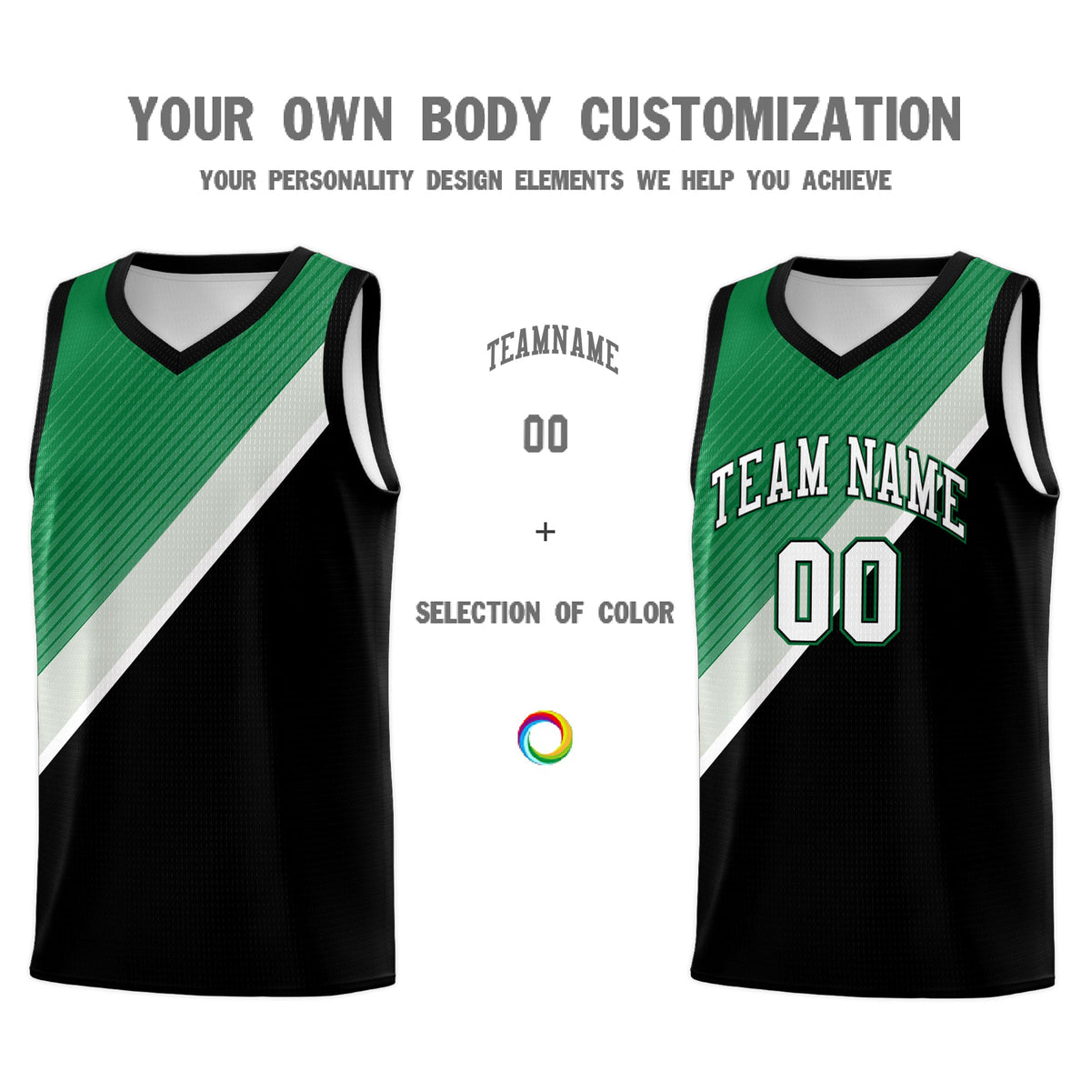 Custom Black Kelly Green Gray Diagonal Stripes Color Block Sets Basketball Jersey | For Men,Perfect for Teams,Perfect for Coaches,Sublimation Printed,For Kid,For Youth | KXKSHOP