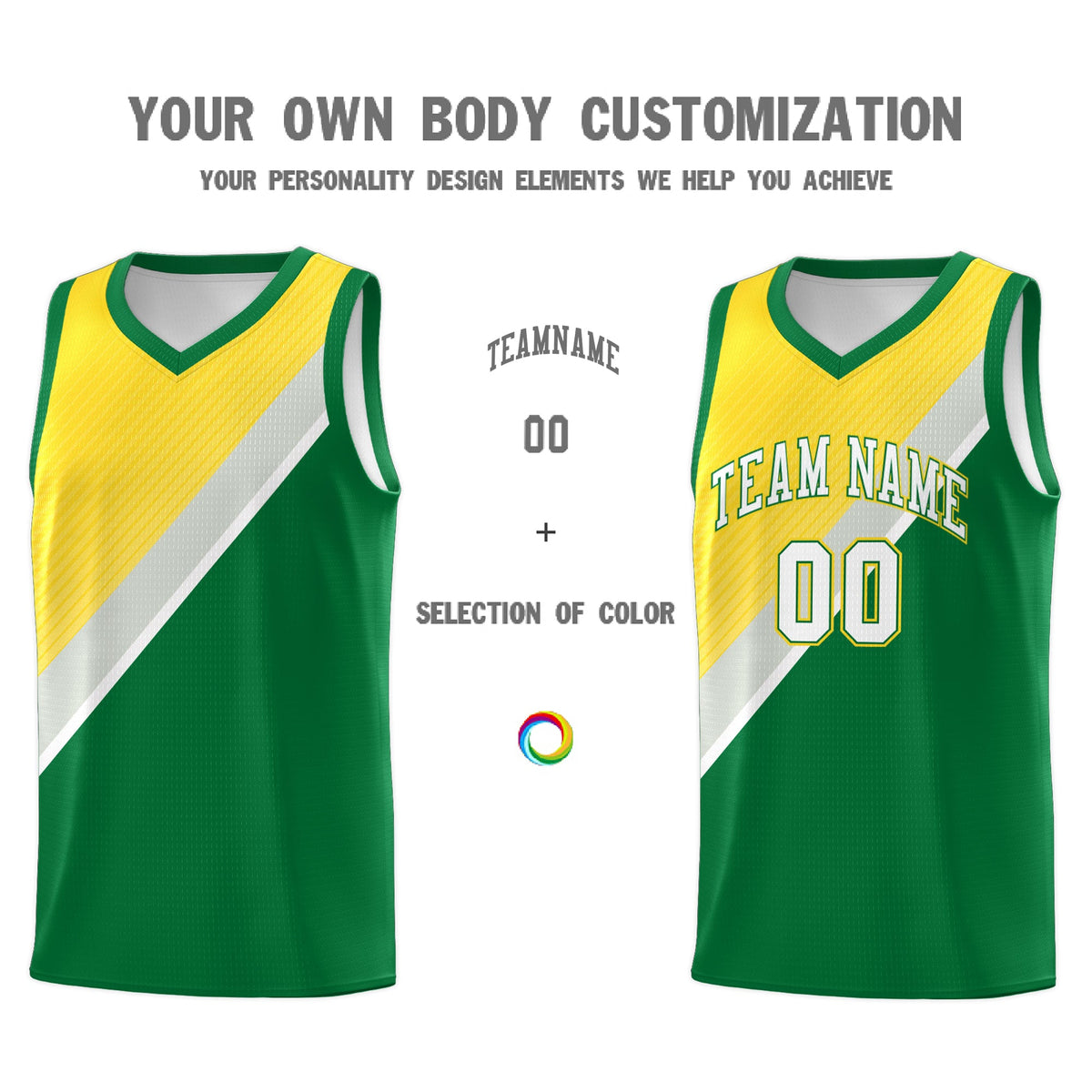 Custom Kelly Green Gold Gray Diagonal Stripes Color Block Sets Basketball Jersey | For Men,Perfect for Teams,Perfect for Coaches,Sublimation Printed,For Kid,For Youth | KXKSHOP