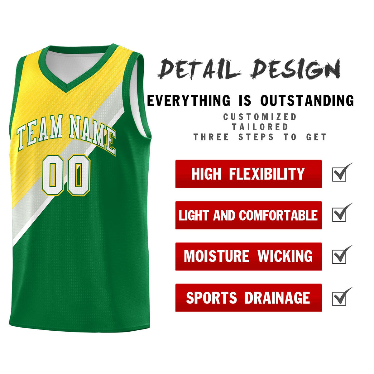 Custom Kelly Green Gold Gray Diagonal Stripes Color Block Sets Basketball Jersey | For Men,Perfect for Teams,Perfect for Coaches,Sublimation Printed,For Kid,For Youth | KXKSHOP