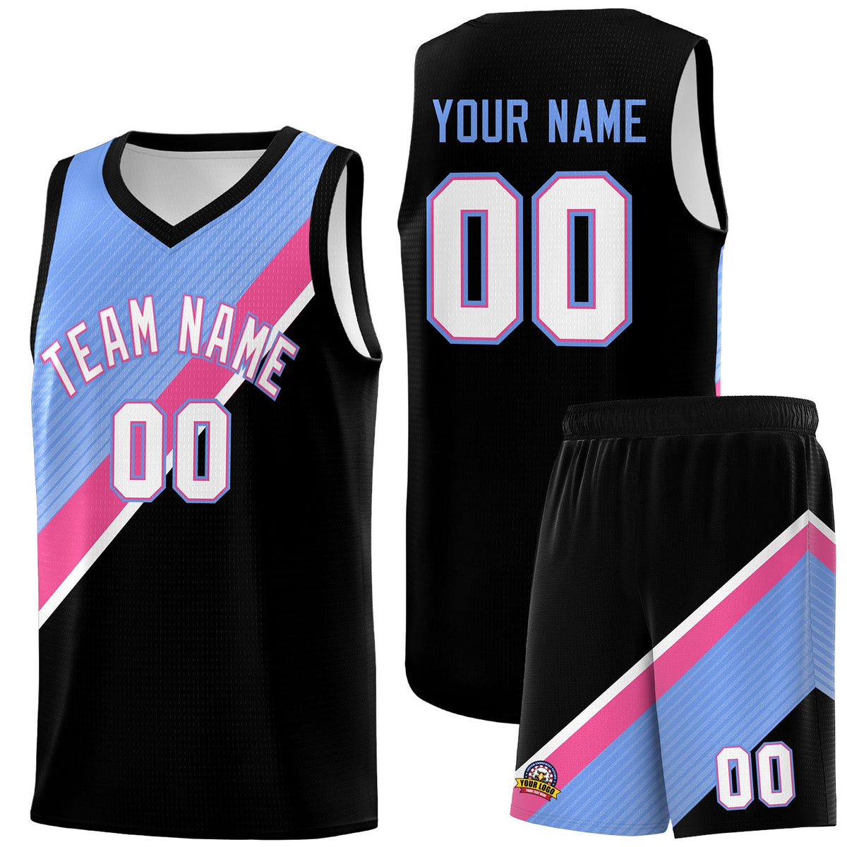 Custom Light Blue Pink Black Diagonal Stripes Color Block Sets Basketball Jersey | For Men,Perfect for Teams,Perfect for Coaches,Sublimation Printed,For Kid,For Youth | KXKSHOP