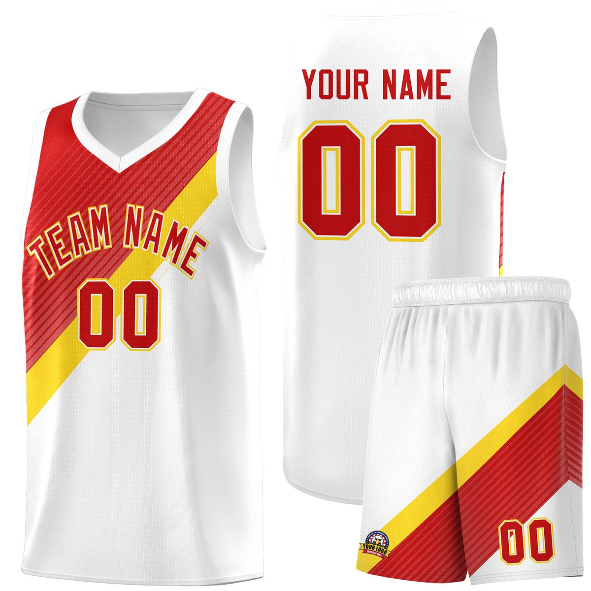 Custom Red Gold White Diagonal Stripes Color Block Sets Basketball Jersey | For Men,Perfect for Teams,Perfect for Coaches,Sublimation Printed,For Kid,For Youth | KXKSHOP