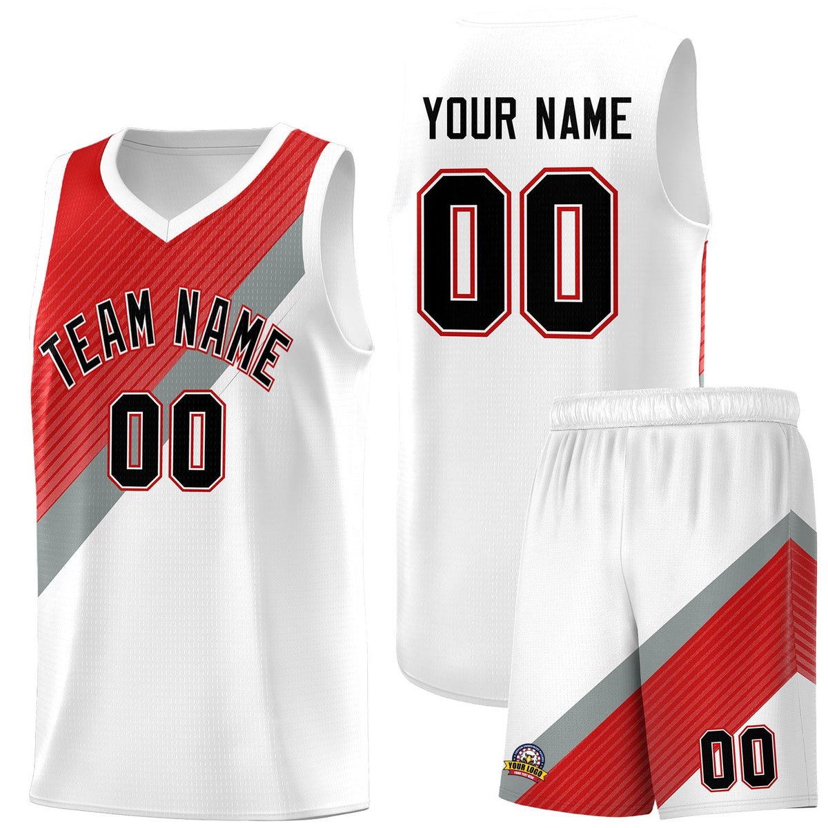 Custom Red Silver Gray White Diagonal Stripes Color Block Sets Basketball Jersey | For Men,Perfect for Teams,Perfect for Coaches,Sublimation Printed,For Kid,For Youth | KXKSHOP