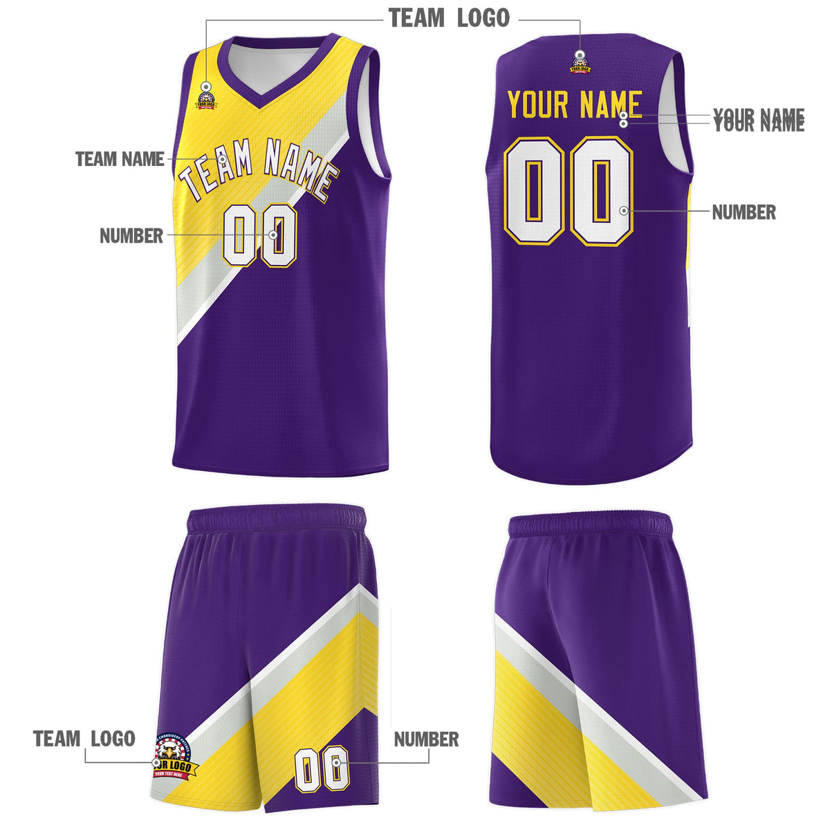 Custom Purple Gold Gray Diagonal Stripes Color Block Sets Basketball Jersey | For Men,Perfect for Teams,Perfect for Coaches,Sublimation Printed,For Kid,For Youth | KXKSHOP
