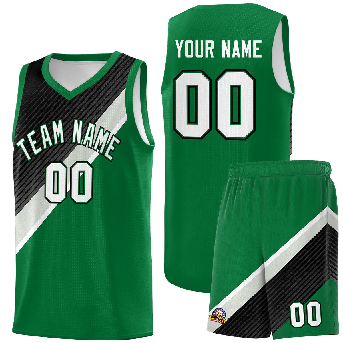 Custom Kelly Green Black Gray Diagonal Stripes Color Block Sets Basketball Jersey | For Men,Perfect for Teams,Perfect for Coaches,Sublimation Printed,For Kid,For Youth | KXKSHOP