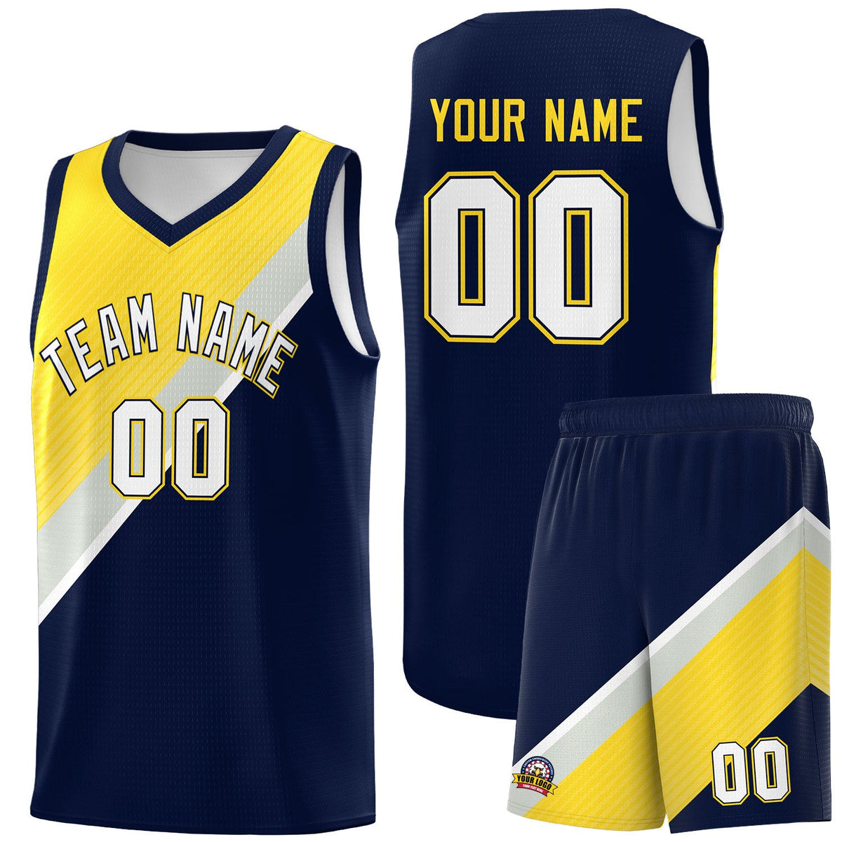 Custom Navy Gold Gray Diagonal Stripes Color Block Sets Basketball Jersey | For Men,Perfect for Teams,Perfect for Coaches,Sublimation Printed,For Kid,For Youth | KXKSHOP