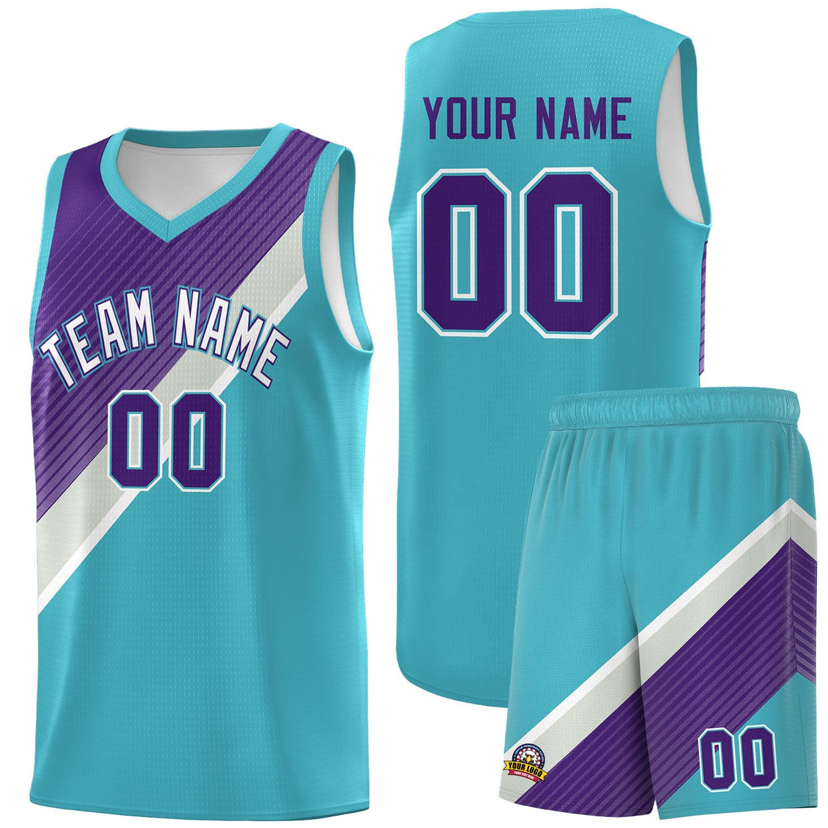 Custom Sky Blue Purple Gray Diagonal Stripes Color Block Sets Basketball Jersey | For Men,Perfect for Teams,Perfect for Coaches,Sublimation Printed,For Kid,For Youth | KXKSHOP