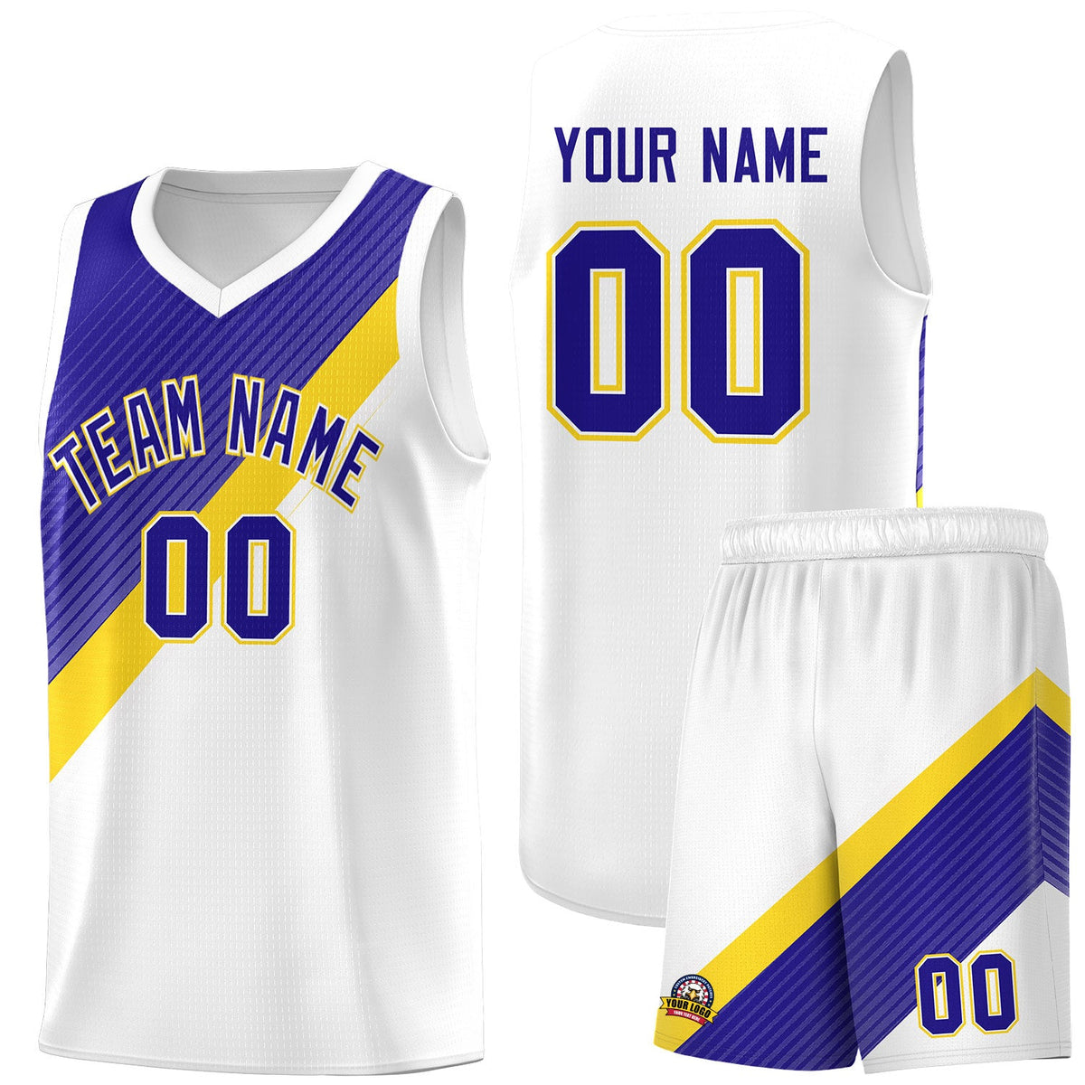 Custom White Royal Gold Diagonal Stripes Color Block Sets Basketball Jersey | For Men,Perfect for Teams,Perfect for Coaches,Sublimation Printed,For Kid,For Youth | KXKSHOP