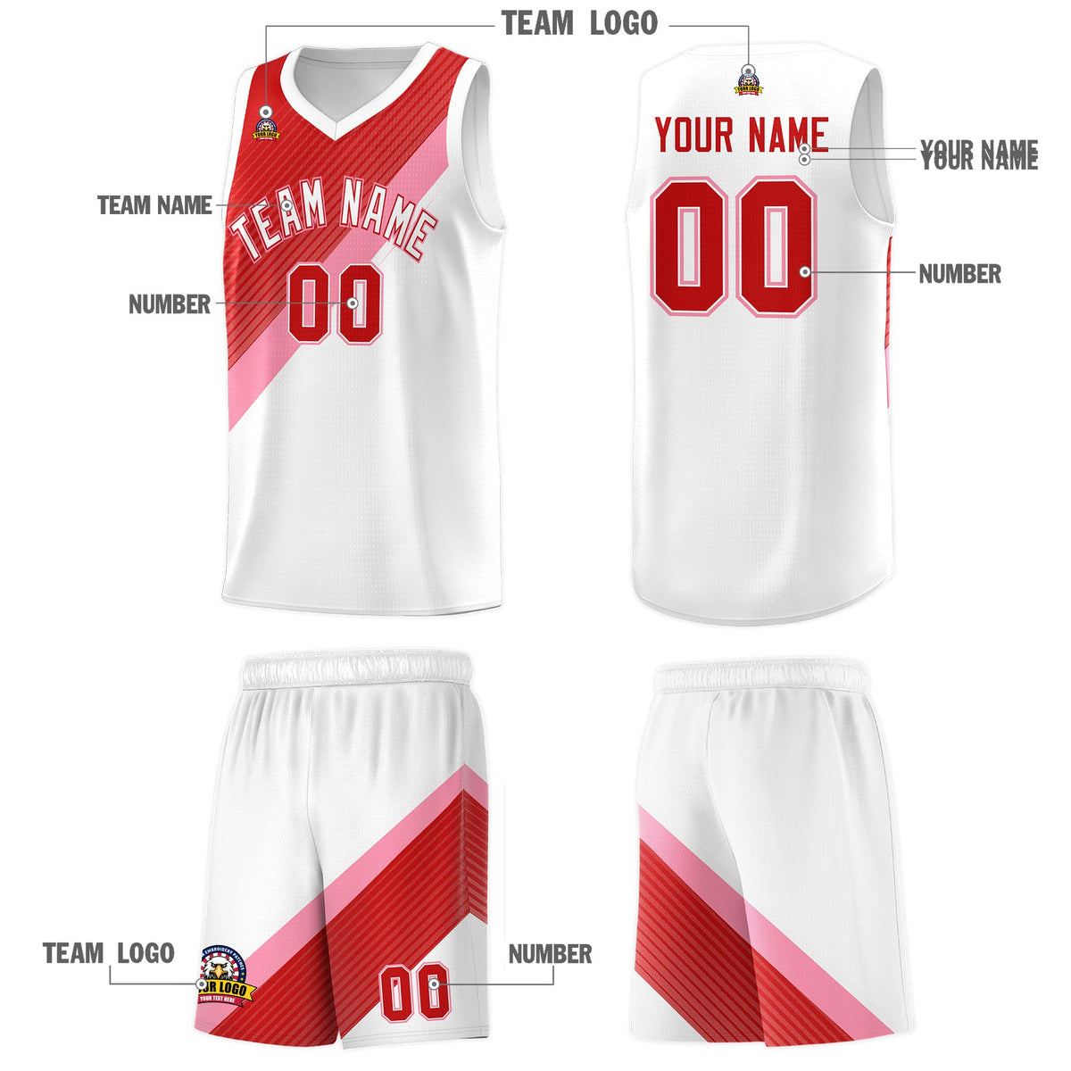 Custom White Red Light Pink Diagonal Stripes Color Block Sets Basketball Jersey | For Men,Perfect for Teams,Perfect for Coaches,Sublimation Printed,For Kid,For Youth | KXKSHOP