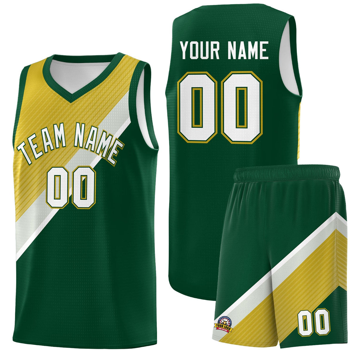 Custom Hunter Green Old Gold Gray Diagonal Stripes Color Block Sets Basketball Jersey | For Men,Perfect for Teams,Perfect for Coaches,Sublimation Printed,For Kid,For Youth | KXKSHOP