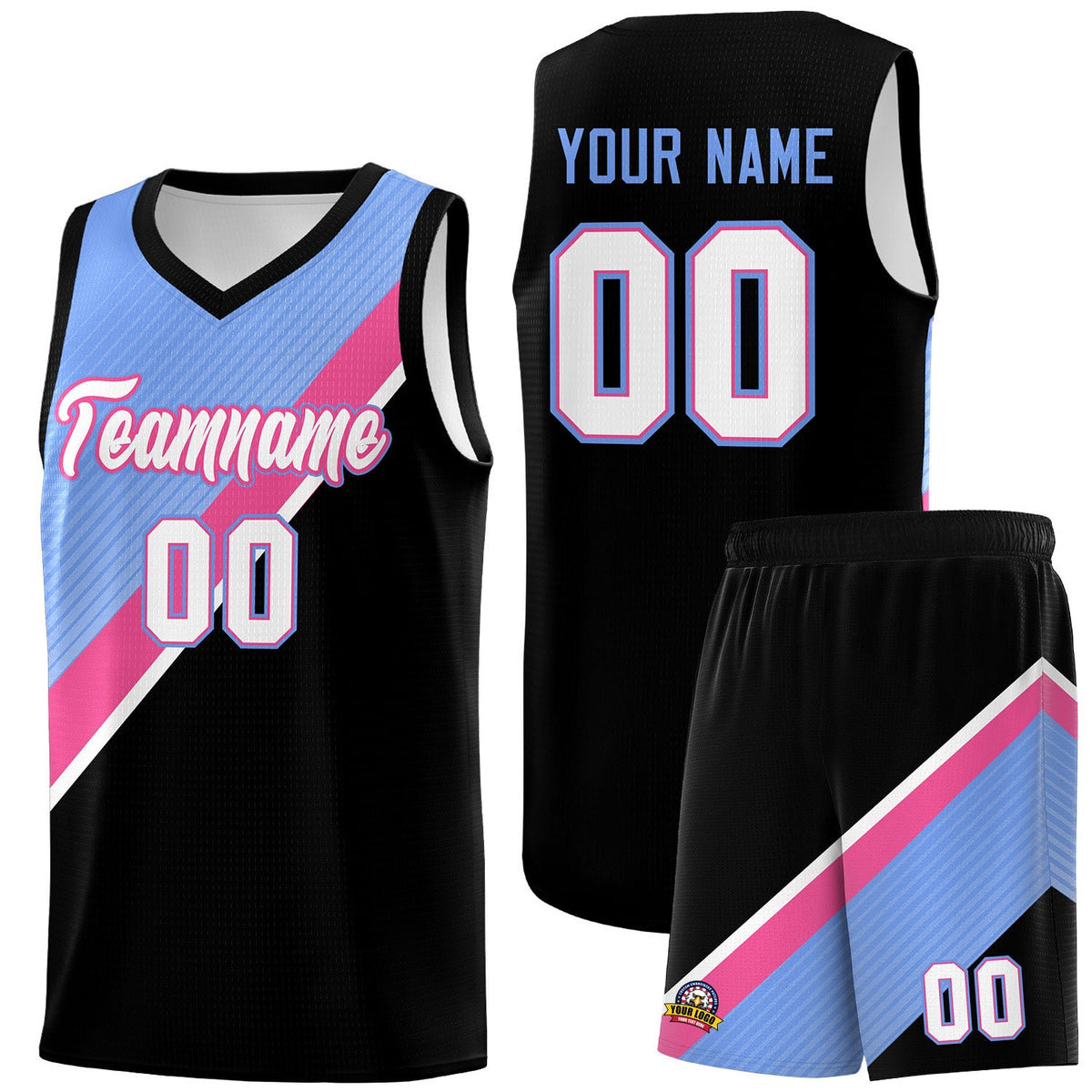 Custom Light Blue Pink Black Diagonal Stripes Color Block Sets Basketball Jersey | For Men,Perfect for Teams,Perfect for Coaches,Sublimation Printed,For Kid,For Youth | KXKSHOP
