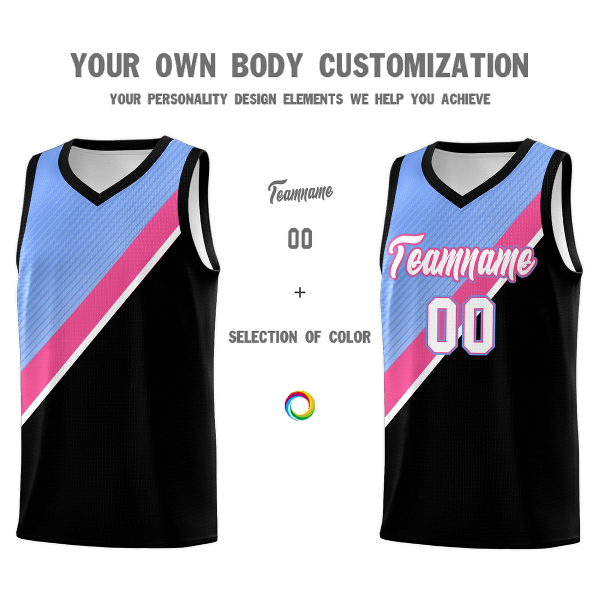 Custom Light Blue Pink Black Diagonal Stripes Color Block Sets Basketball Jersey | For Men,Perfect for Teams,Perfect for Coaches,Sublimation Printed,For Kid,For Youth | KXKSHOP