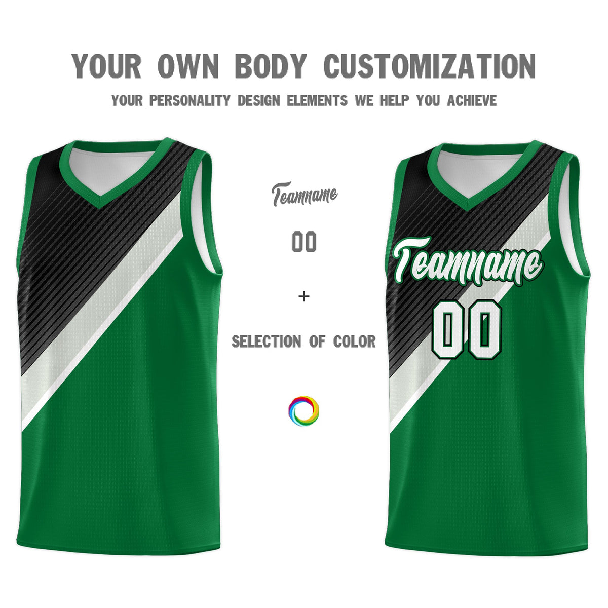 Custom Kelly Green Black Gray Diagonal Stripes Color Block Sets Basketball Jersey | For Men,Perfect for Teams,Perfect for Coaches,Sublimation Printed,For Kid,For Youth | KXKSHOP