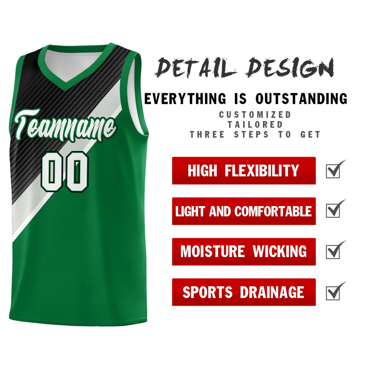 Custom Kelly Green Black Gray Diagonal Stripes Color Block Sets Basketball Jersey | For Men,Perfect for Teams,Perfect for Coaches,Sublimation Printed,For Kid,For Youth | KXKSHOP