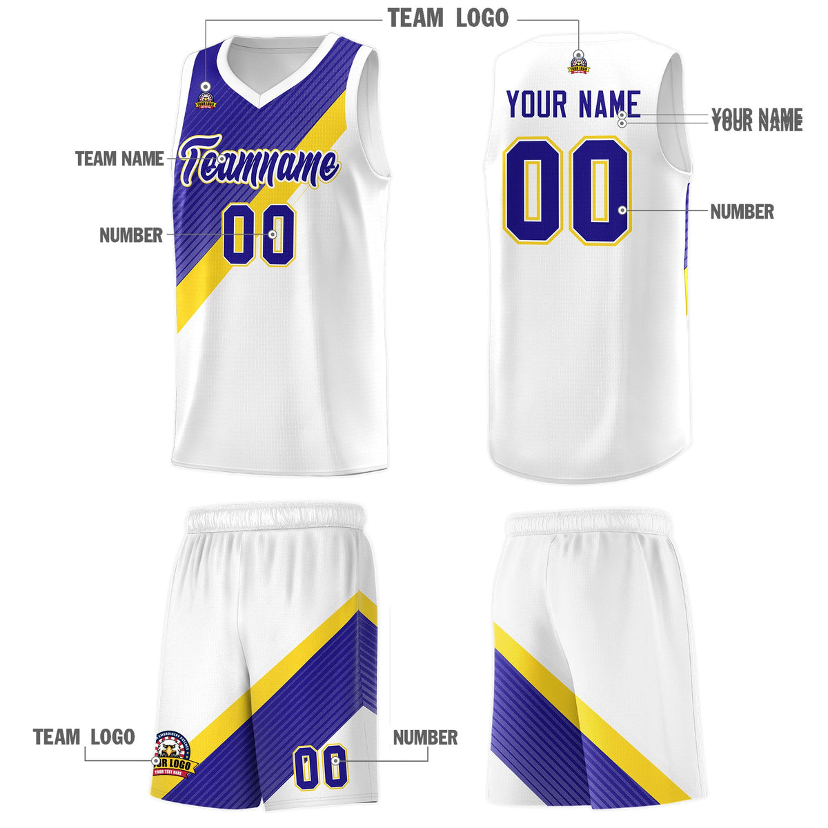 Custom White Royal Gold Diagonal Stripes Color Block Sets Basketball Jersey | For Men,Perfect for Teams,Perfect for Coaches,Sublimation Printed,For Kid,For Youth | KXKSHOP