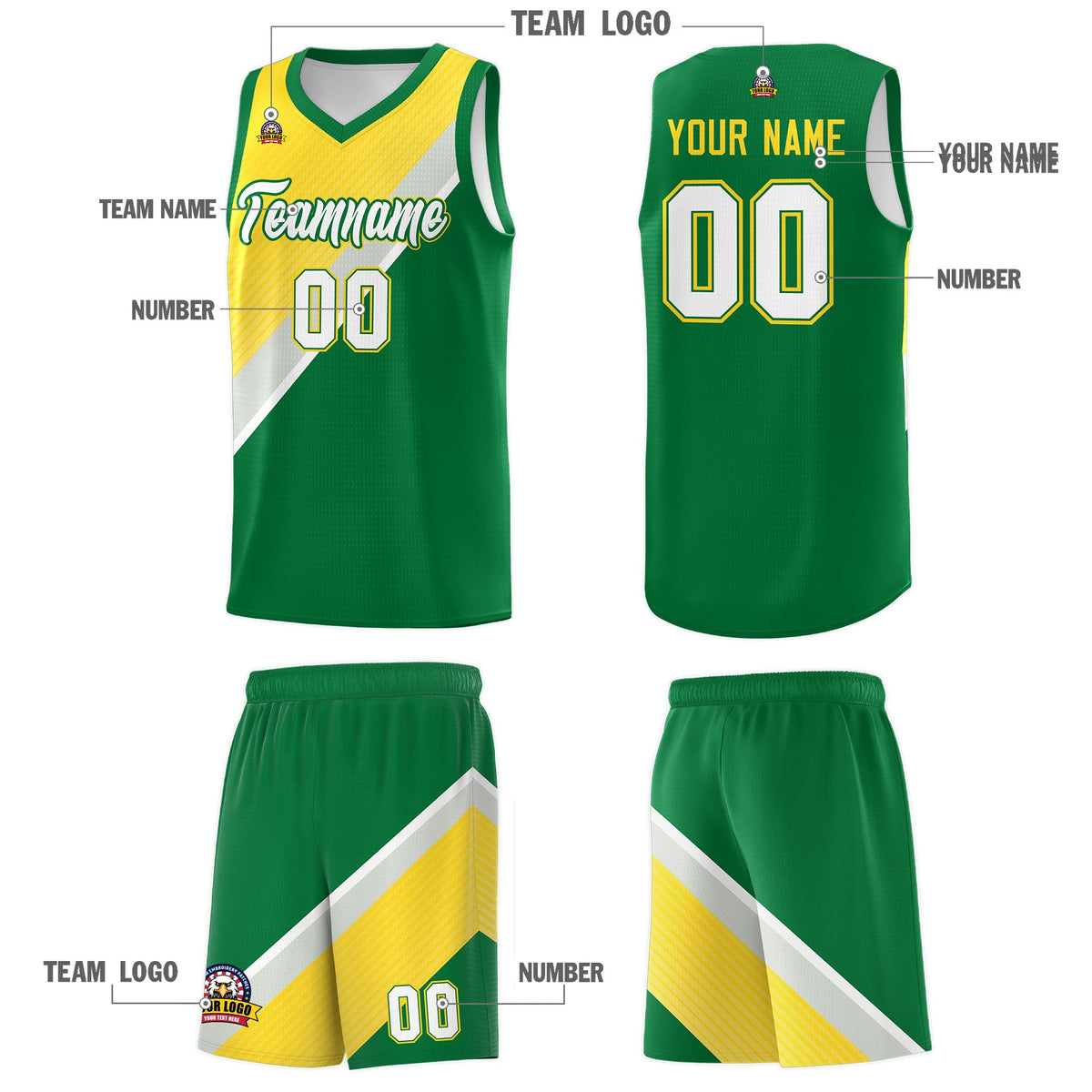 Custom Kelly Green Gold Gray Diagonal Stripes Color Block Sets Basketball Jersey | For Men,Perfect for Teams,Perfect for Coaches,Sublimation Printed,For Kid,For Youth | KXKSHOP