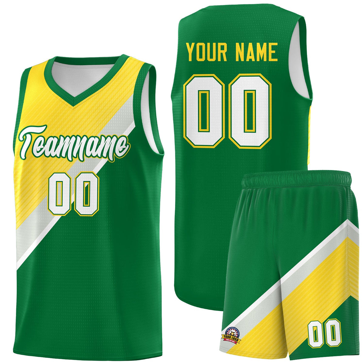 Custom Kelly Green Gold Gray Diagonal Stripes Color Block Sets Basketball Jersey | For Men,Perfect for Teams,Perfect for Coaches,Sublimation Printed,For Kid,For Youth | KXKSHOP