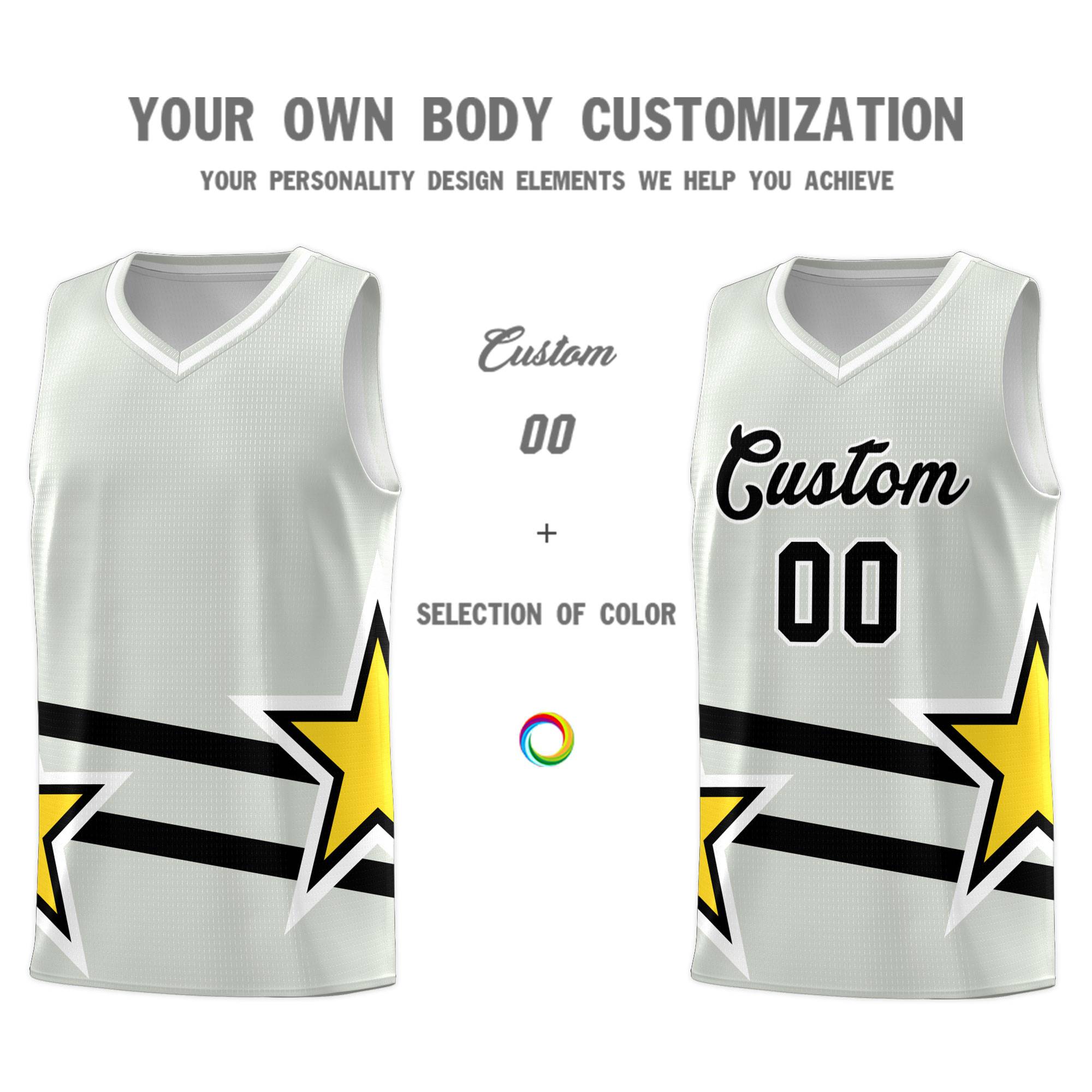 Custom Gray Basketball Kits With Gold Star Pattern And Double Lines