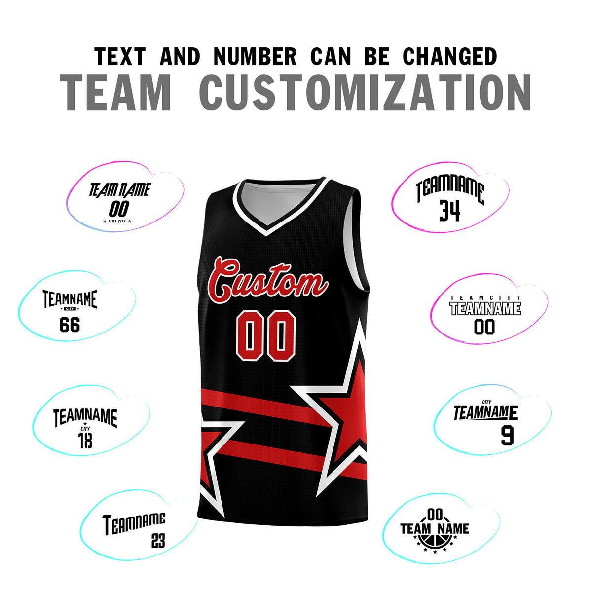 Custom Black Basketball Kits With Red Star Pattern And Double Lines