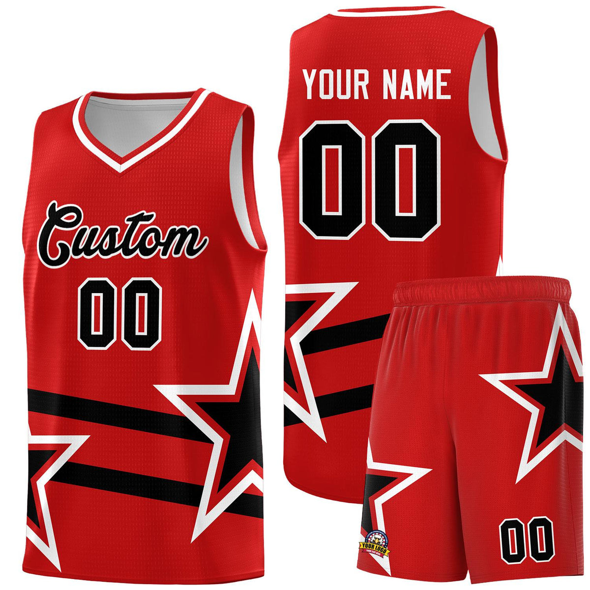 Custom Red Basketball Kits With Black Star Pattern And Double Lines