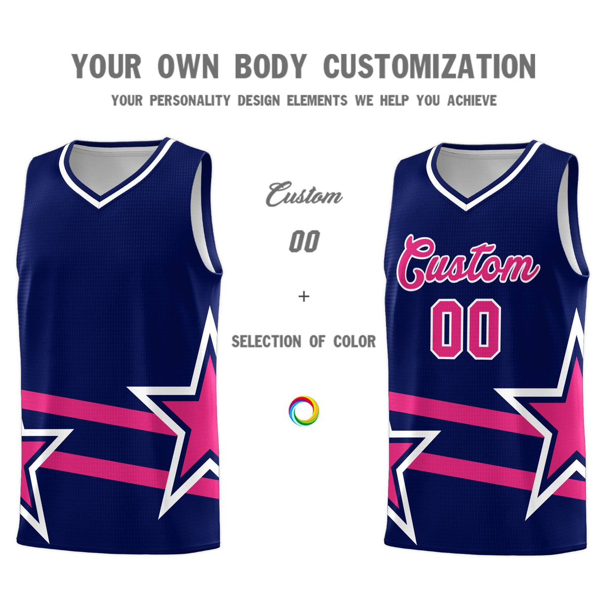 Custom Navy Basketball Kits With Rose Red Star Pattern And Double Lines