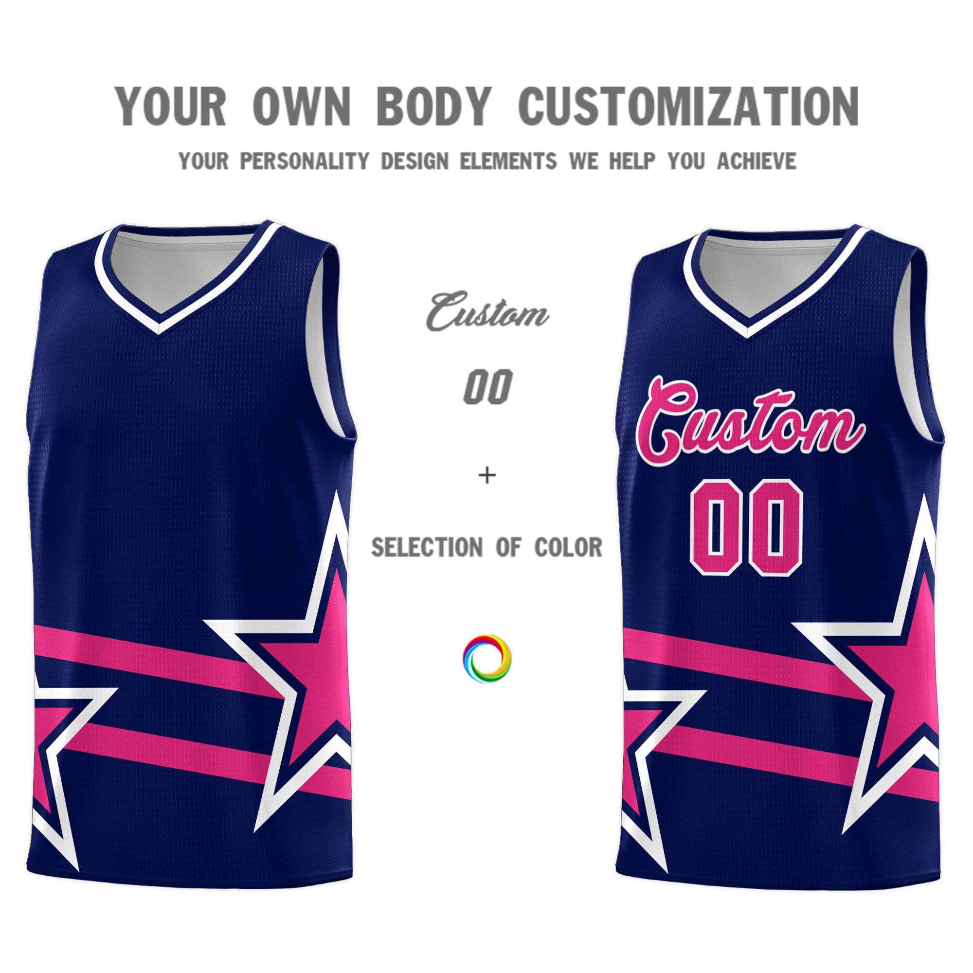 Custom Navy Basketball Kits With Rose Red Star Pattern And Double Lines