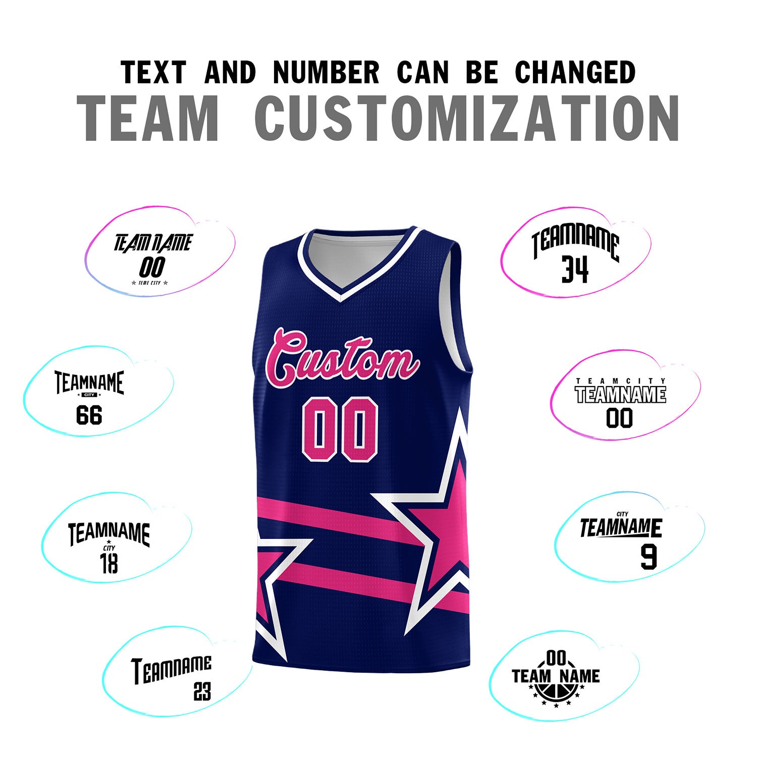 Custom Navy Basketball Kits With Rose Red Star Pattern And Double Lines