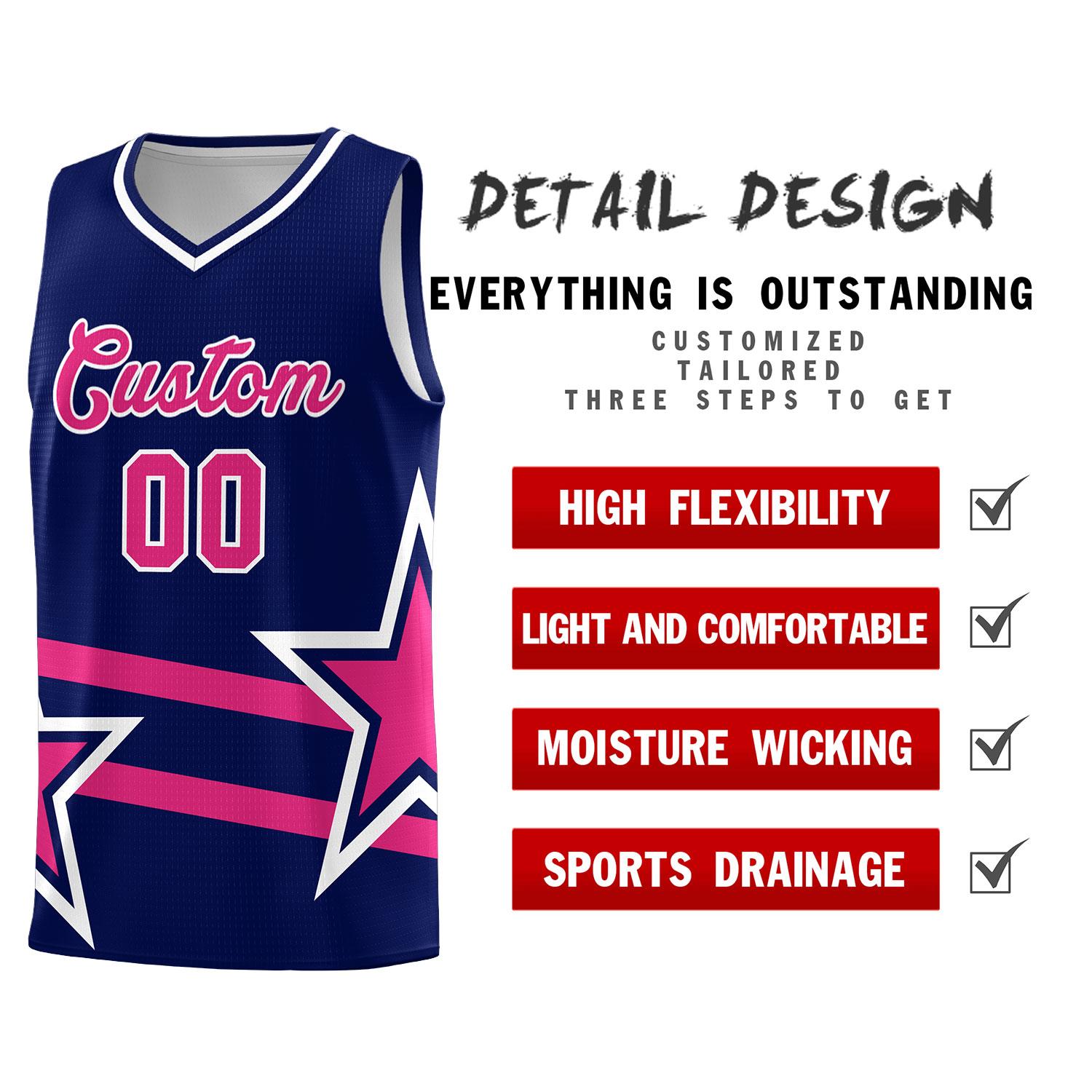 Custom Navy Basketball Kits With Rose Red Star Pattern And Double Lines