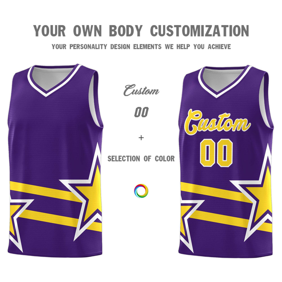 Custom Purple Basketball Kits With Gold Star Pattern And Double Lines