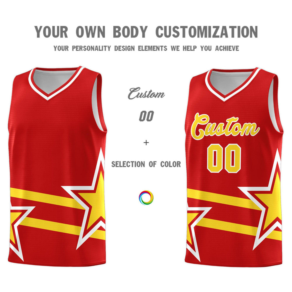 Custom Red Basketball Kits With Gold Star Pattern And Double Lines