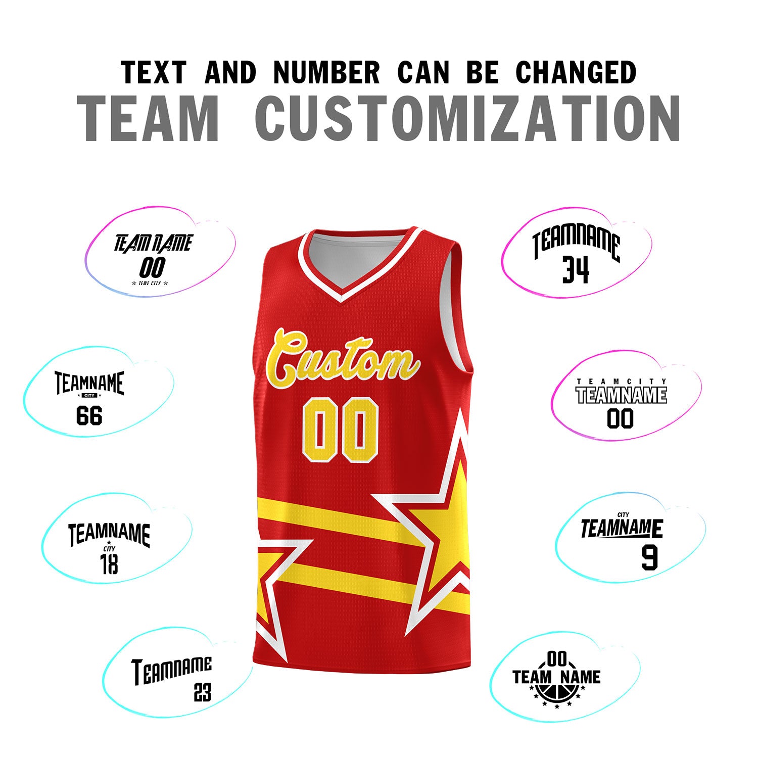 Custom Red Basketball Kits With Gold Star Pattern And Double Lines