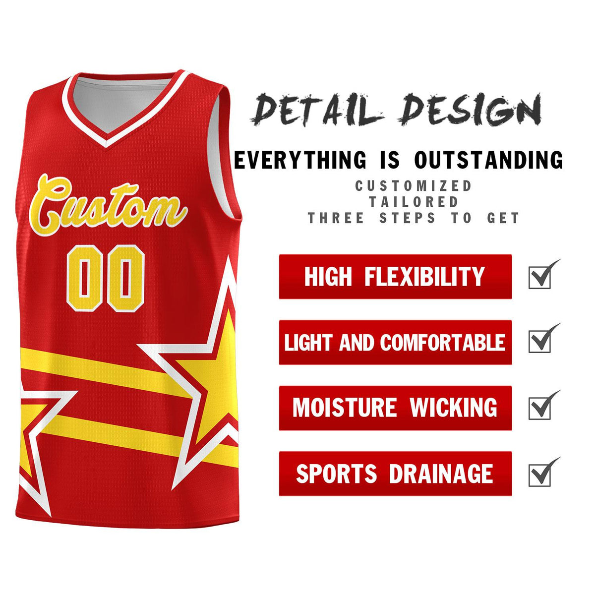 Custom Red Basketball Kits With Gold Star Pattern And Double Lines