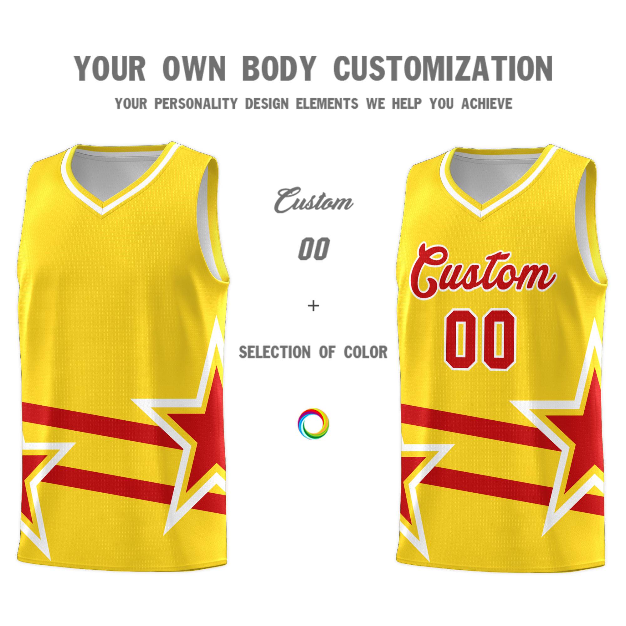 Custom Gold Basketball Kits With Red Star Pattern And Double Lines