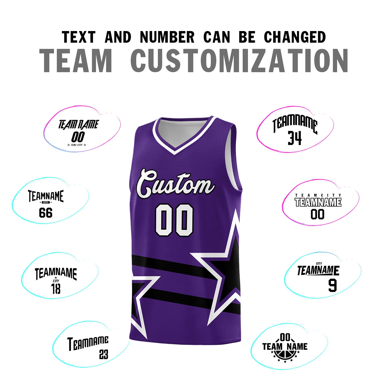 Custom Purple Basketball Kits With Black Star Pattern And Double Lines