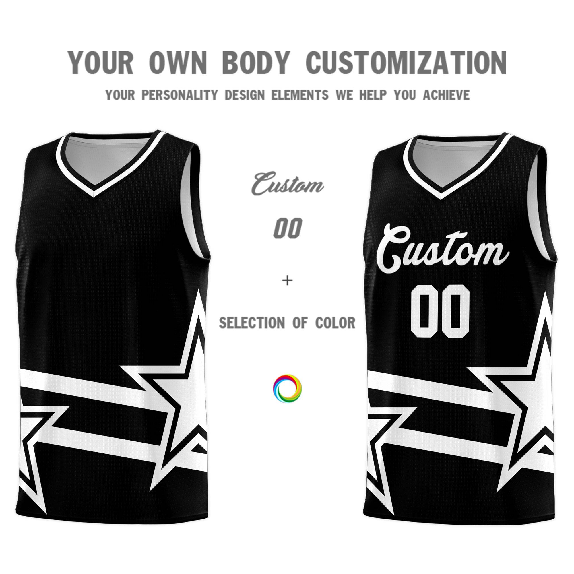 Custom Black Basketball Kits With White Star Pattern And Double Lines