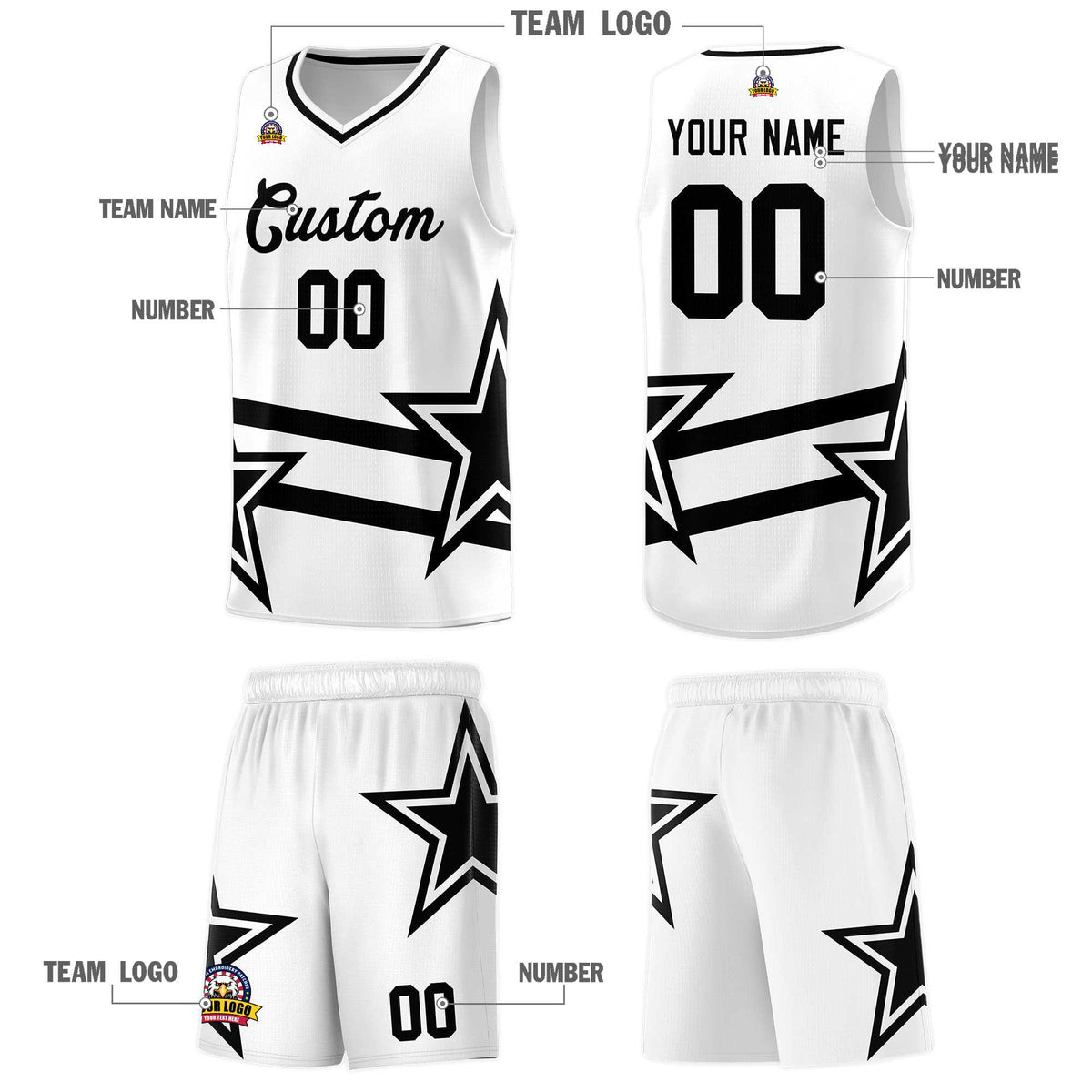 Custom White Basketball Kits With Black Star Pattern And Double Lines
