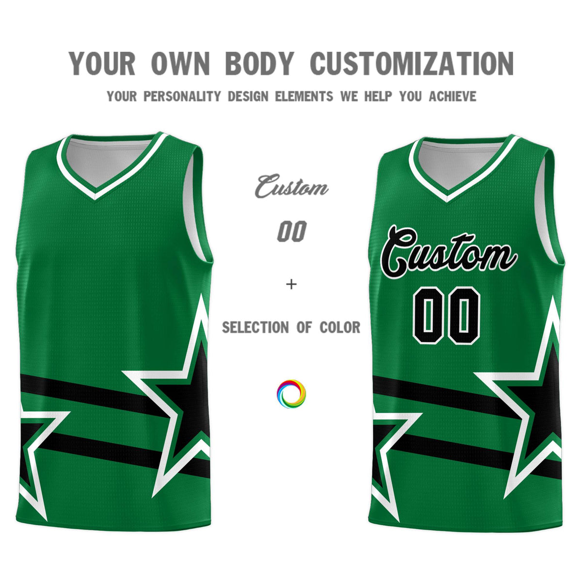 Custom Kelly Green Basketball Kits With Black Star Pattern And Double Lines