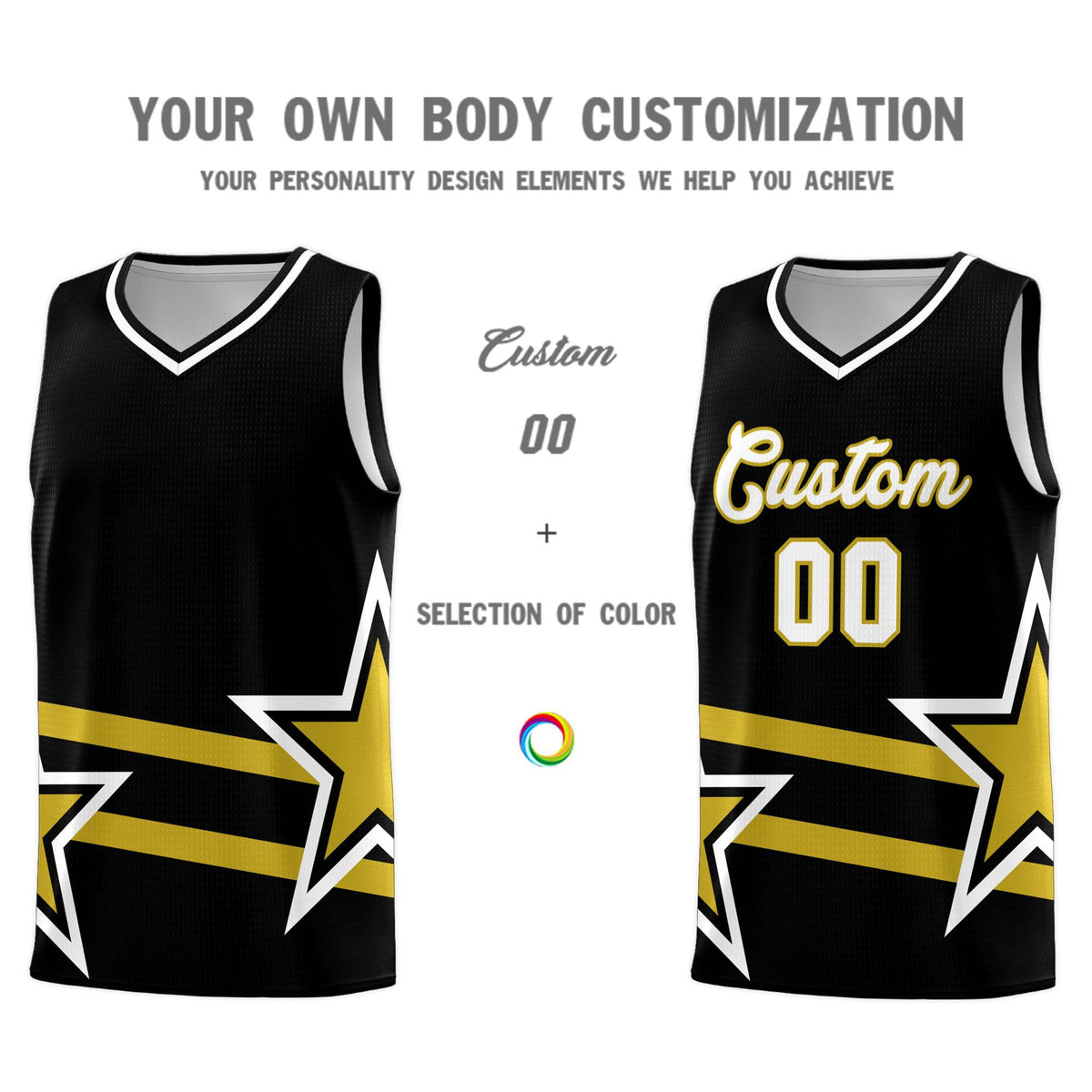 Custom Black Basketball Kits With Old Gold Star Pattern And Double Lines