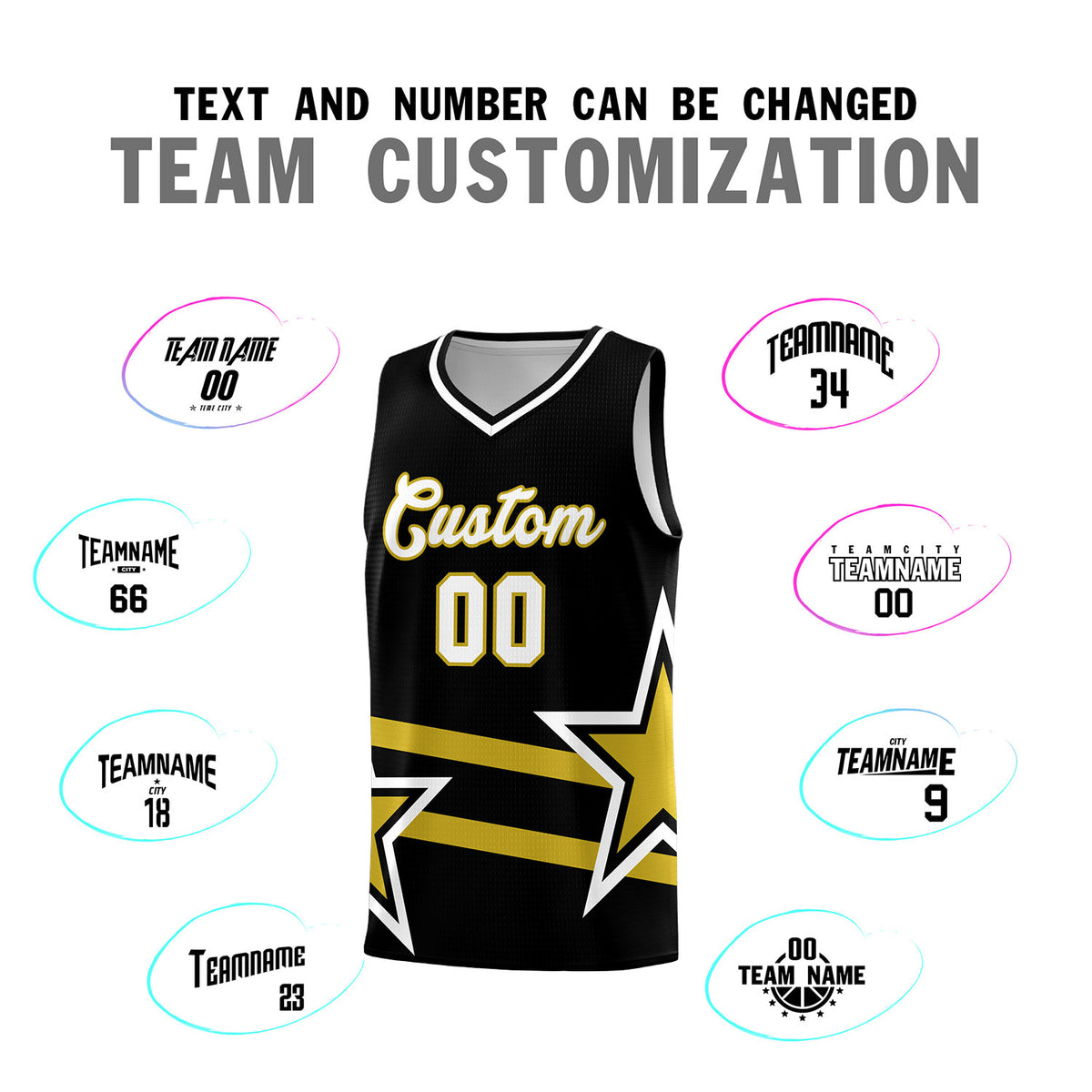 Custom Black Basketball Kits With Old Gold Star Pattern And Double Lines